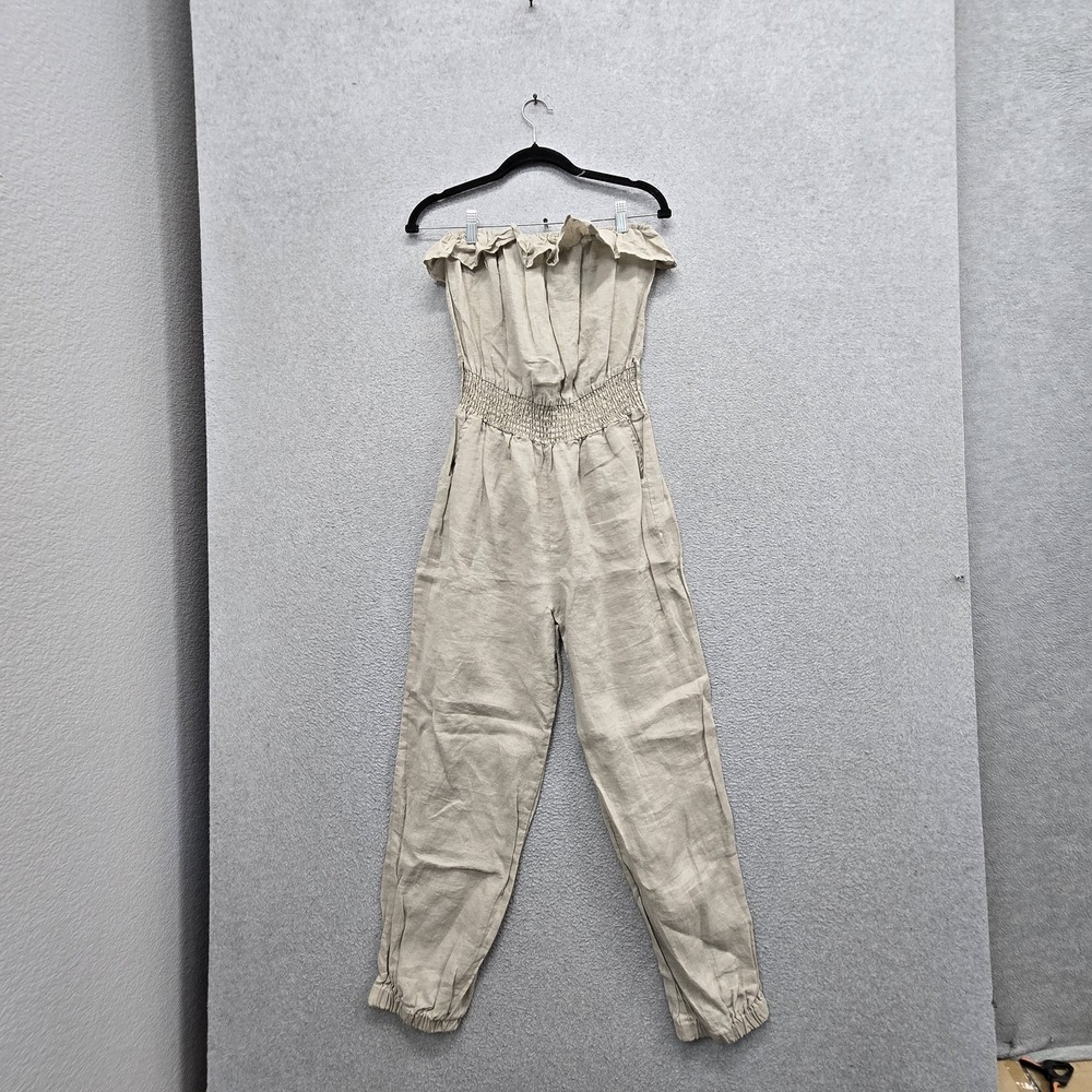 Poetry Women Jumpsuit L Beige Linen Tube Top Smocked Coastal Beachy